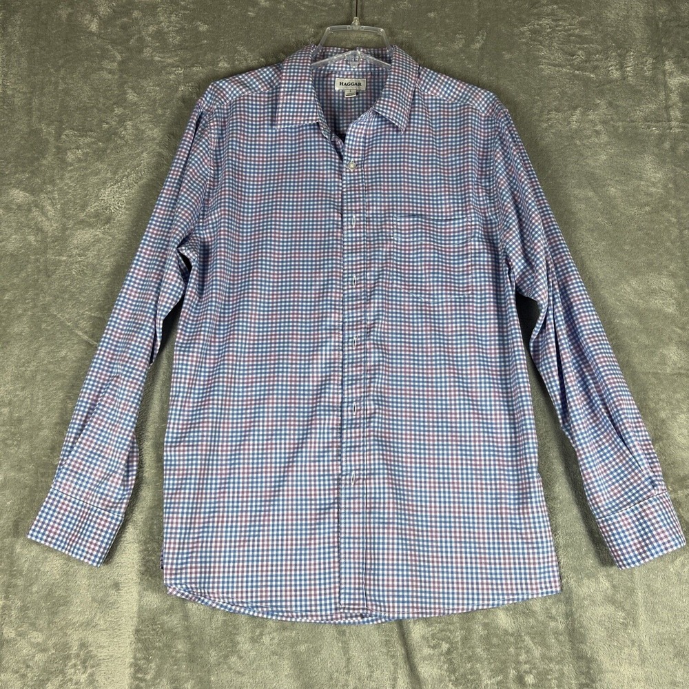 Haggar Performance Button Up Shirt in Blue/Purple‎ Plaid Check Mens size Large